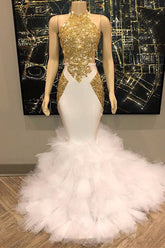 White And Gold Halter Sleeveless Appliques Ruffles Prom Dress